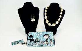 Fashion Purse And Faux Pearl Jewellery Set Boxed fashion purse/document wallet in blue and green