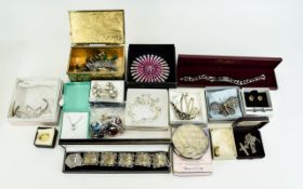 A Mixed Box Of Costume Jewellery To include small wirework butterfly brooch, silver tone bracelet,