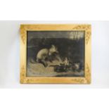 Antique Framed Print Large gilt framed print depicting a naively painted vixen and cubs nestled in