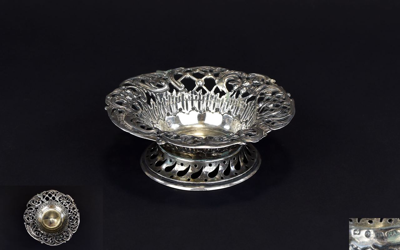 Victorian - Solid Silver Bon Bon Dish with Fine Open Work and Trellis Decoration to Borders on