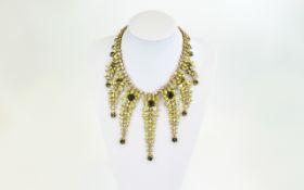 Canary Yellow, Grey and Aurora Borealis Crystal Statement Necklace, in the form of seven graduated