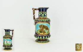 Mintons - Majolica George Jones Jug / Pitcher. c.1860's. Embossed with Fox and Hare Motifs to The