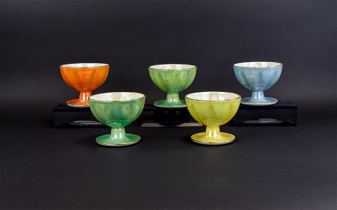 Maling - Art Deco Period Lustre Set of 5 Large Sundae Dishes, In Various Colour ways,