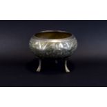 Metal Footed Bowl decorative shallow bowl with three legs and engraved Anglo Indian style bird and