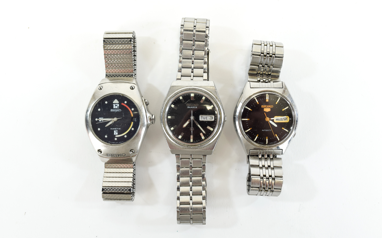 A Good Collection of Vintage Seiko Mens Steel Watches ( 3 ) - Seiko Mens Kinetic Black Dial Steel