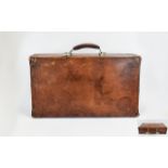 Vintage Leather Suitcase Large, weathered travel case with corner protectors and wood strapping.