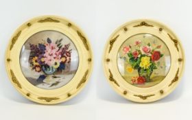 Two Large Circular Floral Paintings In Vintage Frames Circular cream and gilt trim wood frames