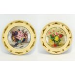 Two Large Circular Floral Paintings In Vintage Frames Circular cream and gilt trim wood frames
