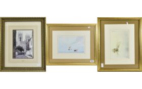 Three Framed And Mounted Prints Two watercolour prints in comtemporary plain gilt frames,