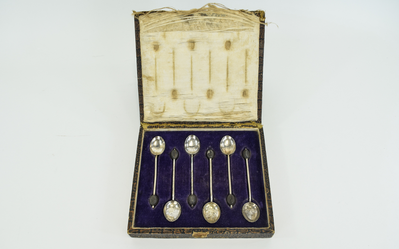 Art Nouveau - Boxed Set of ( 6 ) Six Silver Coffee Spoons with Coffee Bean Tops.