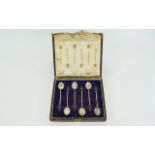 Art Nouveau - Boxed Set of ( 6 ) Six Silver Coffee Spoons with Coffee Bean Tops.