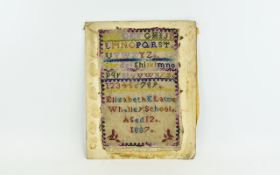 Victorian Unframed Sampler by Elizabeth Lawe, Whalley School, Aged 12 - 1887. Size 13 x 9 Inches.