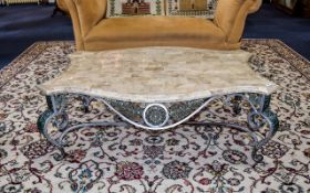 Coffee Table Large contemporary metal and glass table with taupe and grey tone faux marble top.