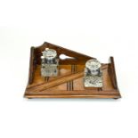 Edwardian Period Wooden Desk Top Ink Stand, Raised on 4 Ball Feet with Two Cut Crystal Ink Wells,