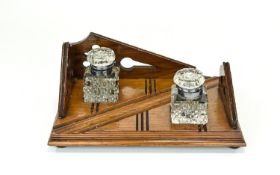 Edwardian Period Wooden Desk Top Ink Stand, Raised on 4 Ball Feet with Two Cut Crystal Ink Wells,