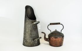 19thC Copper Kettle together with a twin handled aluminium coal scuttle.