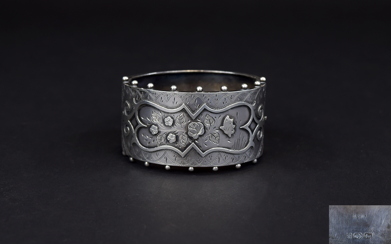 Victorian Silver Superb Quality Hinged Bangle with Turret Top Design and Applied and Embossed