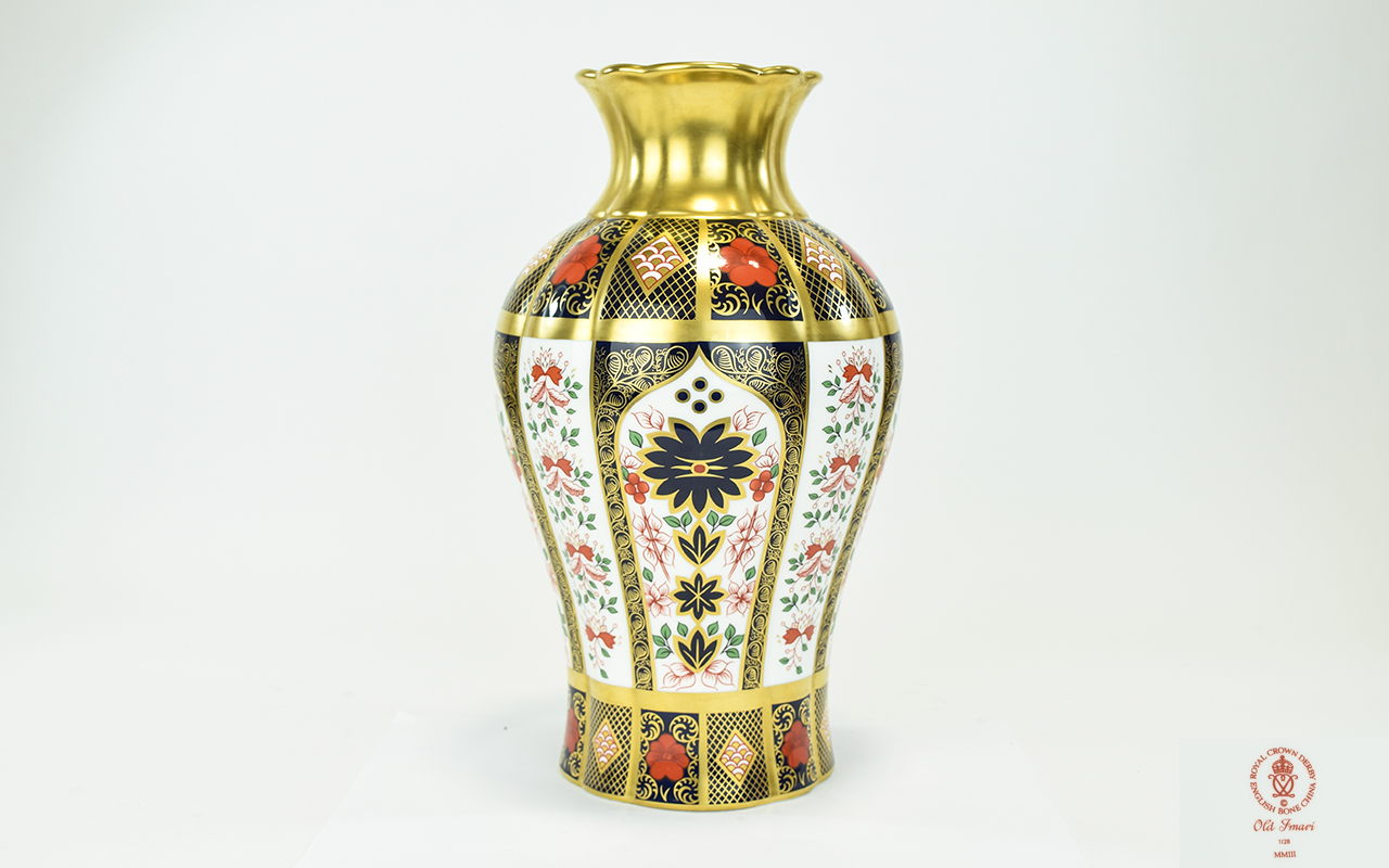 Royal Crown Derby Fine and Hand Painted Old Imari Pattern Tall Vase, with Solid Gold Bands.