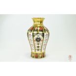 Royal Crown Derby Fine and Hand Painted Old Imari Pattern Tall Vase, with Solid Gold Bands.