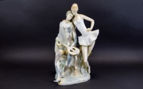 Lladro - Large and Impressive Figure ' Romance Harlequin ' with Lute and Ballerina.