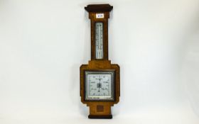 Art Deco Mahogany Inlaid Barometer, Square Silvered Dial With Chrome Mount, Angular Inlaid