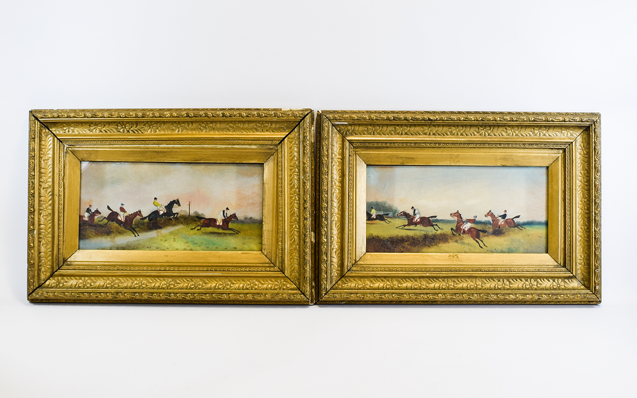 Horse Racing Interest Gilt Framed Oils On Board Two naively painted horse racing scenes depicting