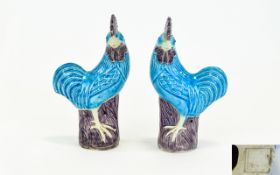 Chinese Export - Early 20th Century Hand Painted Pair of Aubergine and Turquoise Porcelain Figures