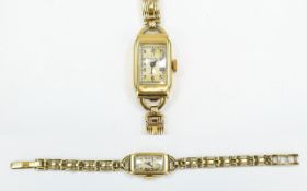 Ladies 9ct Gold Omega Wristwatch Rectangular Case, Silvered Dial Arabic Numerals, Manual Wind,