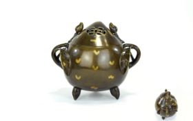 Chinese 18th / 19th Century Pumpkin Shaped Twin Handle Bronze Incense Burner with Gold Splash to