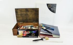 Artist Interest comprising wooden box containing numerous paints, brushes, easel,