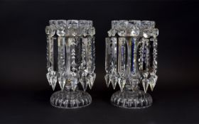 Pair Of Glass Table Lustres,. Each With 12 Glass clear prism Drops. 12 inches high.