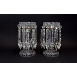 Pair Of Glass Table Lustres,. Each With 12 Glass clear prism Drops. 12 inches high.