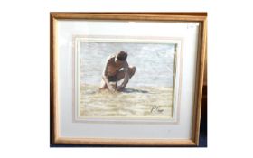 PATSY FARR (1955-) Pastel On Paper, Young Boy At The Beach. 15 x 19 Inches, Signed Bottom Right.