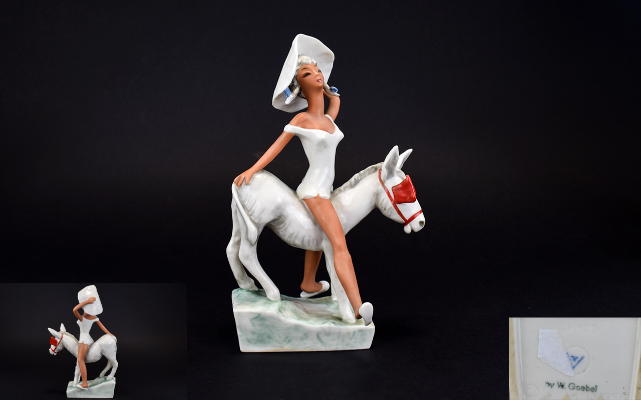 W. Goebel Novelty Hand Painted Ceramic Figure. c.1950's ' Lady Atop a Donkey ' with Red Blinkers.