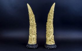 A Pair of Ivory Style Resin Carved Tusks, Each with Images of Wild Animals, Monkeys, Elephants,