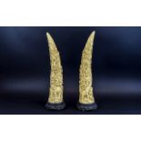 A Pair of Ivory Style Resin Carved Tusks, Each with Images of Wild Animals, Monkeys, Elephants,