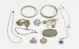 Collection Of Silver Jewellery Comprising Marcasite Set Brooches, Floral Brooch, Bangles,