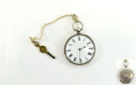 Antique Open Faced Key-Wind Silver Pocket Watch with White Porcelain Dial, Black Markers.