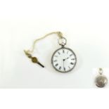 Antique Open Faced Key-Wind Silver Pocket Watch with White Porcelain Dial, Black Markers.