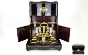 Napoleon III French Cave De Liqueur Tantalus or Cellarette, with Boule Work and Brass Inlay to Black