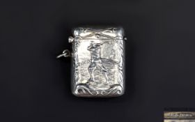 Antique - Fine Silver Hinged Vesta Case with Embossed Images of a Golfer,