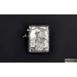 Antique - Fine Silver Hinged Vesta Case with Embossed Images of a Golfer,