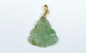 A Vintage and Nice Quality Jade Pendant In The Form of a Laughing Buddha with 9ct Gold Mount. Marked