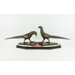 Art Deco Period Large and Impressive Hand Painted Spelter Group Figure of Two Pheasants,