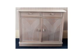 Contemporary Art Deco Style Sideboard Grey/peach tone wood with fan shaped handles and semi-circular