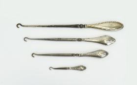 Edwardian Period Good Collection of Embossed Silver Handle Button Hooks ( 4 ) Four In Total.