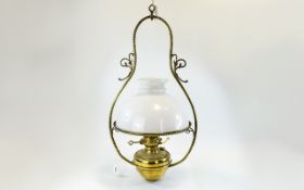 Antique - Nice Quality Brass Hanging / Ceiling Oil - Kerosene Lamp, Complete with Original Milk