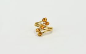 Citrine Crossover Ring, five oval cut warm, dark yellow citrines set in a 14ct gold vermeil and