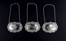 Silver Decanter Spirit Labels ( 3 ) In Total. Whisky, Rum & Brandy. Hallmark Birmingham 1978.