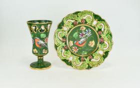Green and gold reticulated large vase and plate from Henri Biquet of belgium. Bird of Paradise